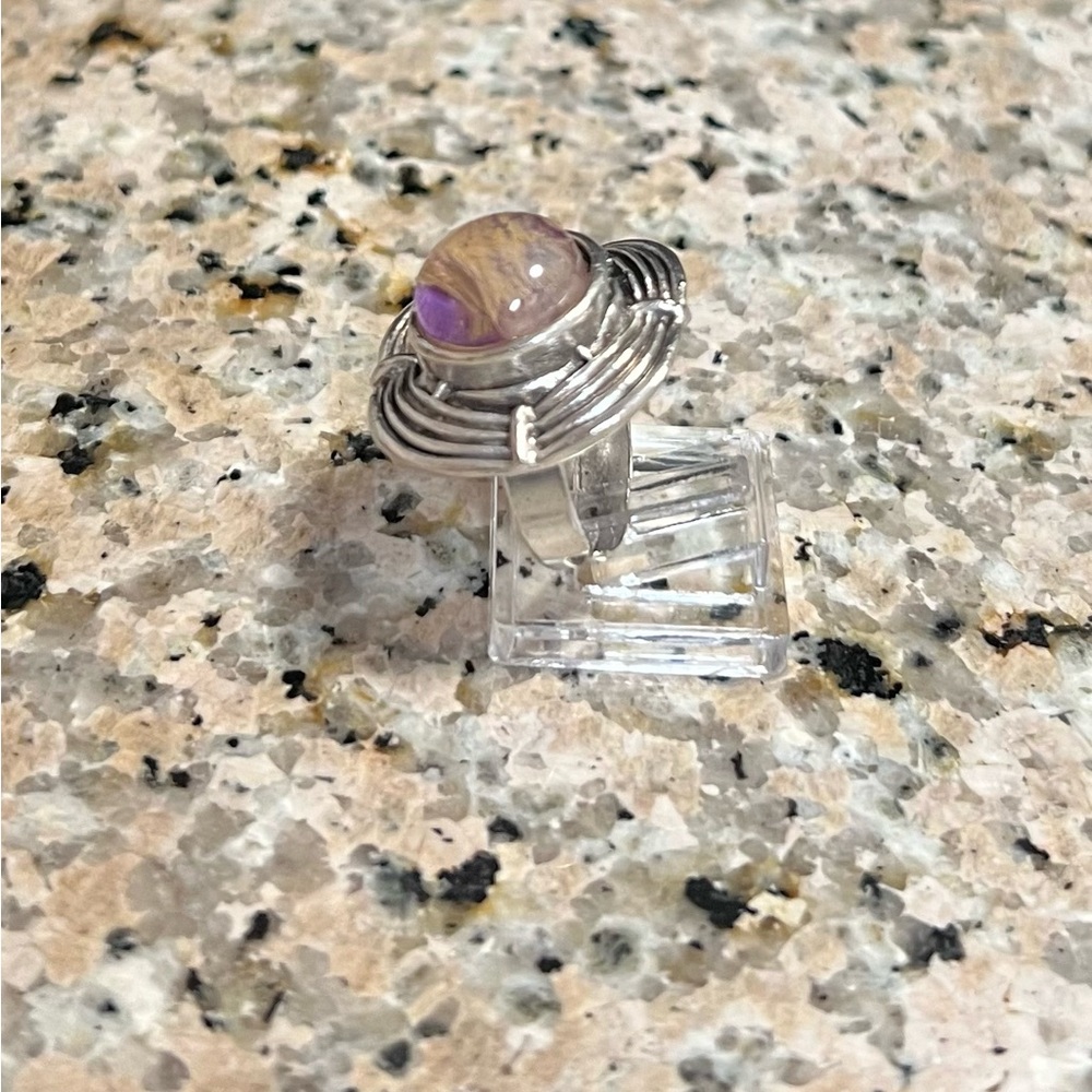 Silver Wire Wrapped Adjustable Ring with Tan/Clear Stone - Picture 2 of 2